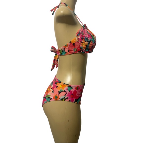 Floral Pink Smocked Bandeau Mid Rise Two Piece Bikini Set Adjustable Halter Top - Picture 4 of 15